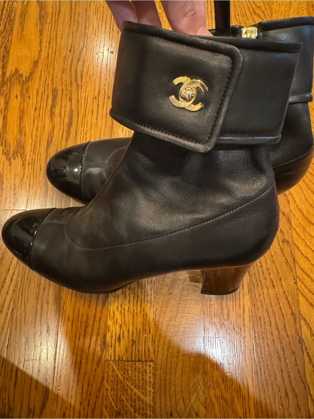 Chanel CC Turnlock Black Leather Patent Cap Toe Ankle Boots EU 40.5